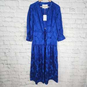 Dyvna floral blue Dress Sz M maxi long sleeve button down string waist A12C